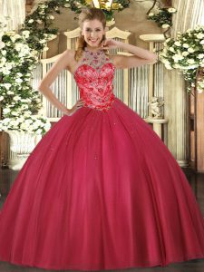 Inexpensive Halter Top Sleeveless Quince Ball Gowns Floor Length Beading Coral Red Satin
