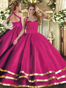 Wonderful Hot Pink Halter Top Lace Up Ruffled Layers Sweet 16 Dress Sleeveless
