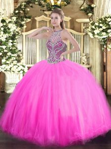 Gorgeous Halter Top Sleeveless Sweet 16 Quinceanera Dress Floor Length Beading Rose Pink Tulle
