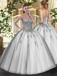 Graceful Sleeveless Tulle Floor Length Lace Up Sweet 16 Dresses in Grey with Beading and Appliques