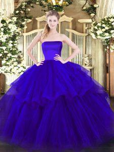 Lovely Blue Tulle Zipper Strapless Sleeveless Quinceanera Gowns Brush Train Ruffled Layers