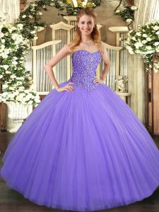 Vintage Lavender Tulle Lace Up Sweetheart Sleeveless Floor Length Quinceanera Dresses Beading