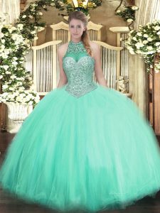 Cute Apple Green Halter Top Lace Up Beading Sweet 16 Dresses Sleeveless