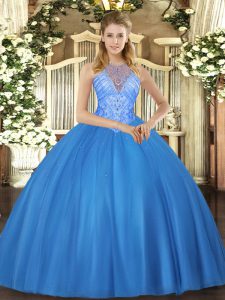 Sleeveless Tulle Floor Length Lace Up Sweet 16 Quinceanera Dress in Baby Blue with Beading