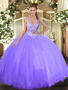 Great Lavender Sleeveless Floor Length Beading Lace Up 15th Birthday Dress