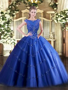 Sleeveless Tulle Floor Length Zipper Ball Gown Prom Dress in Blue with Beading and Appliques