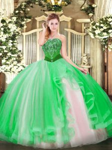 Cheap Floor Length Lace Up Quince Ball Gowns Green for Military Ball and Sweet 16 and Quinceanera with Beading and Ruffles