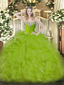 Olive Green Sleeveless Beading and Ruffles Floor Length Sweet 16 Quinceanera Dress