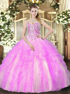 Glamorous Lilac Ball Gowns Tulle Sweetheart Sleeveless Beading and Ruffles Floor Length Lace Up Ball Gown Prom Dress
