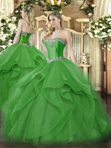 Best Selling Green Tulle Lace Up Sweetheart Sleeveless Floor Length 15 Quinceanera Dress Beading and Ruffles