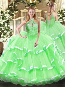 Custom Designed Ball Gowns Organza Halter Top Sleeveless Beading and Ruffles Floor Length Lace Up Quinceanera Gowns