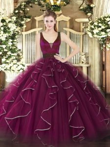 Most Popular Sleeveless Tulle Floor Length Zipper Quinceanera Gowns in Fuchsia with Beading and Ruffles
