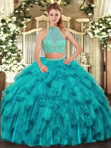 Unique Halter Top Sleeveless Vestidos de Quinceanera Floor Length Beading and Ruffles Turquoise Organza