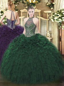 Popular Taffeta Halter Top Sleeveless Lace Up Beading and Ruffles Quinceanera Dress in Dark Green