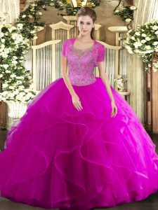 Wonderful Fuchsia Ball Gowns Tulle Scoop Sleeveless Beading and Ruffled Layers Floor Length Clasp Handle Sweet 16 Dresses