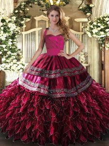 Shining Wine Red Lace Up Halter Top Embroidery and Ruffles Quinceanera Gown Organza Sleeveless