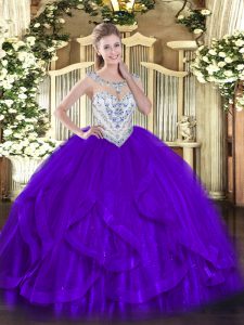 Purple Sleeveless Floor Length Beading and Ruffles Zipper Sweet 16 Dresses