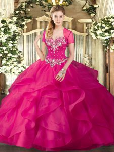 Hot Pink Quinceanera Dress Military Ball and Sweet 16 and Quinceanera with Beading and Ruffles Sweetheart Sleeveless Lace Up