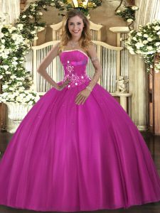 Tulle Strapless Sleeveless Lace Up Beading Sweet 16 Dresses in Fuchsia