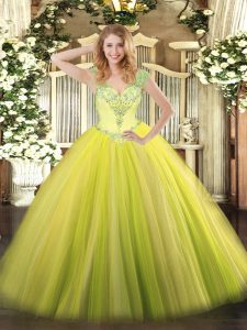 Fancy Tulle V-neck Sleeveless Lace Up Beading and Ruffles Quinceanera Gowns in Yellow Green