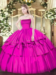 Cheap Sleeveless Organza and Taffeta Floor Length Zipper Sweet 16 Dresses in Fuchsia with Ruffled Layers