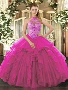 Fuchsia Halter Top Lace Up Beading and Ruffles 15 Quinceanera Dress Sleeveless