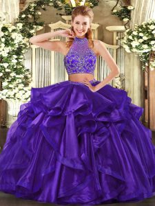 Purple Sweet 16 Dresses Military Ball and Sweet 16 and Quinceanera with Beading and Ruffled Layers Halter Top Sleeveless Criss Cross