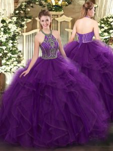 Exquisite Purple Ball Gowns Halter Top Sleeveless Tulle Floor Length Lace Up Beading and Ruffles Ball Gown Prom Dress