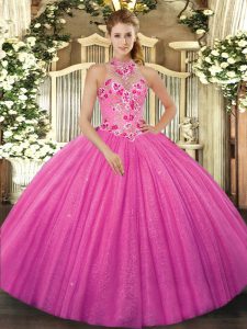 Halter Top Sleeveless Lace Up Vestidos de Quinceanera Hot Pink Tulle