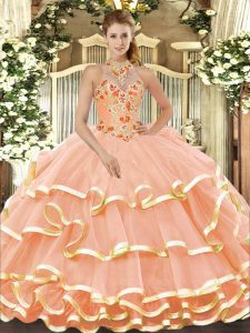 Romantic Peach Organza Lace Up Quince Ball Gowns Sleeveless Floor Length Beading and Embroidery