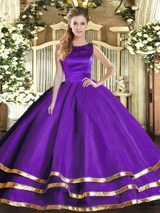 Purple Sleeveless Floor Length Ruffled Layers Lace Up Sweet 16 Dresses