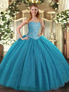 Simple Teal Tulle Lace Up Sweetheart Sleeveless Floor Length Quinceanera Gowns Beading