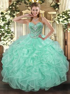 Dramatic Apple Green 15th Birthday Dress Military Ball and Sweet 16 and Quinceanera with Beading and Ruffles Sweetheart Sleeveless Lace Up