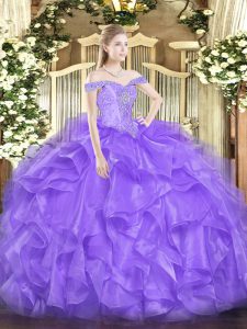 Lavender Ball Gowns Organza Off The Shoulder Sleeveless Beading and Ruffles Floor Length Lace Up Quinceanera Gown