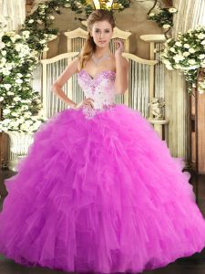 Rose Pink Sleeveless Floor Length Beading and Ruffles Lace Up Quinceanera Dress