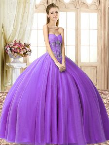 Discount Eggplant Purple Tulle Lace Up Sweet 16 Quinceanera Dress Sleeveless Floor Length Beading