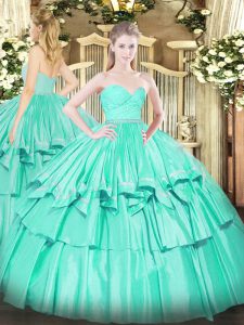 Turquoise Ball Gowns Beading and Lace and Ruffled Layers 15 Quinceanera Dress Zipper Organza Sleeveless Floor Length