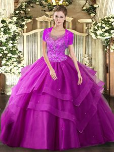 Fuchsia Clasp Handle Sweet 16 Dresses Beading and Ruffles Sleeveless Floor Length
