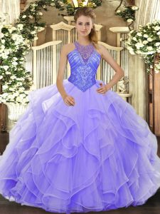 Lavender Ball Gowns Organza High-neck Sleeveless Beading and Ruffles Floor Length Lace Up Quinceanera Dresses