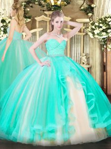 Unique Apple Green Ball Gowns Beading and Lace and Ruffles Sweet 16 Quinceanera Dress Zipper Tulle Sleeveless Floor Length