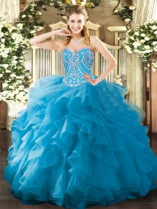 New Arrival Aqua Blue Organza Lace Up Sweetheart Sleeveless Floor Length 15th Birthday Dress Beading and Ruffles