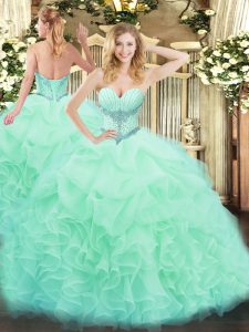 Apple Green Ball Gowns Organza Sweetheart Sleeveless Beading and Ruffles and Pick Ups Floor Length Lace Up Quinceanera Gown