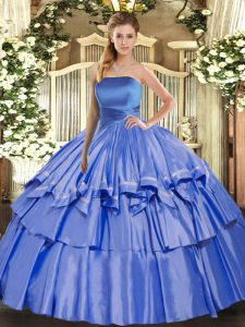 Blue Organza Lace Up Strapless Sleeveless Floor Length Quinceanera Gowns Ruffled Layers