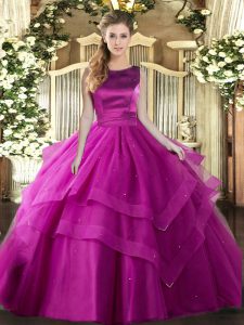 Fuchsia Ball Gowns Tulle Scoop Sleeveless Ruffles and Ruffled Layers Floor Length Lace Up 15th Birthday Dress