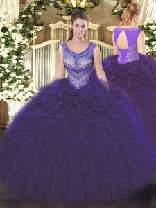 Nice Purple Ball Gowns Organza Scoop Sleeveless Beading and Ruffles Floor Length Lace Up Quinceanera Dresses