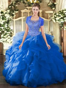 Dazzling Blue Ball Gowns Beading and Ruffled Layers Quince Ball Gowns Clasp Handle Tulle Sleeveless Floor Length