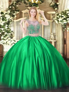 Green Two Pieces Satin Scoop Sleeveless Beading Floor Length Lace Up Vestidos de Quinceanera