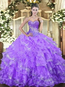 Sleeveless Organza Floor Length Lace Up Quinceanera Dresses in Lavender with Beading and Ruffled Layers