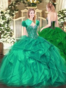 Stylish Turquoise Lace Up Sweetheart Beading and Ruffles Quince Ball Gowns Organza Sleeveless