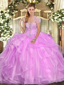Beautiful Organza Strapless Sleeveless Lace Up Appliques and Ruffles Vestidos de Quinceanera in Lilac